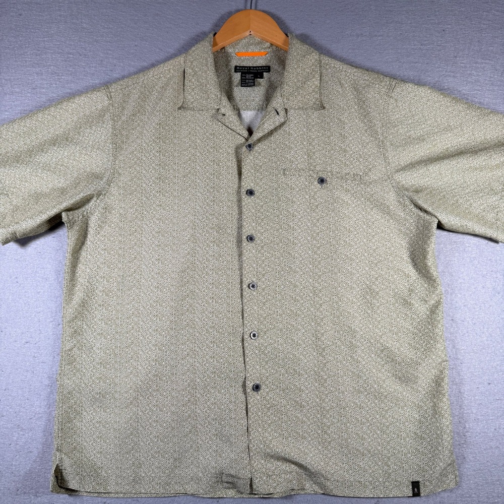 Royal Robbins Mens Large Short Sleeve Button Down Shirt Olive Geometric Wave L